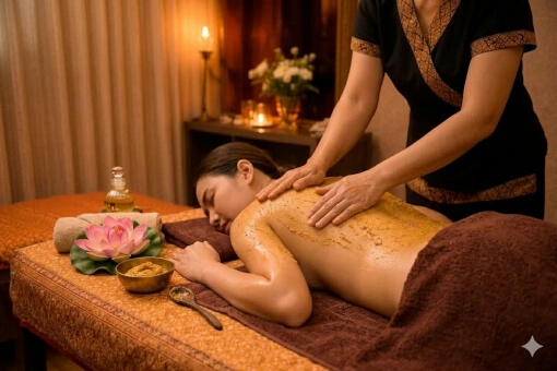 une masseuse masse le dos d'une patiente avec crème de gommage dans une ambiance tamisée.