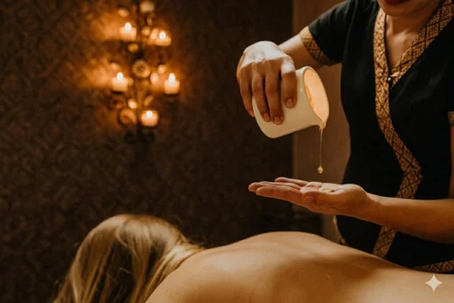 Une masseuse récupère de l'huile d'une bougie pour pratiquer un massage à la bougie sur le dos d'une femme allongée sur le ventre