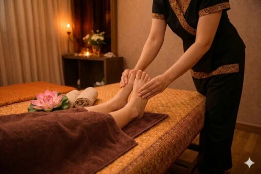 une masseuse effectue un massage des pieds.