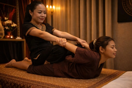 Une masseuse exerce un étirement du dos en tirant une patiente couchée sur le ventre par les bras pour la soulever du la table de massage.